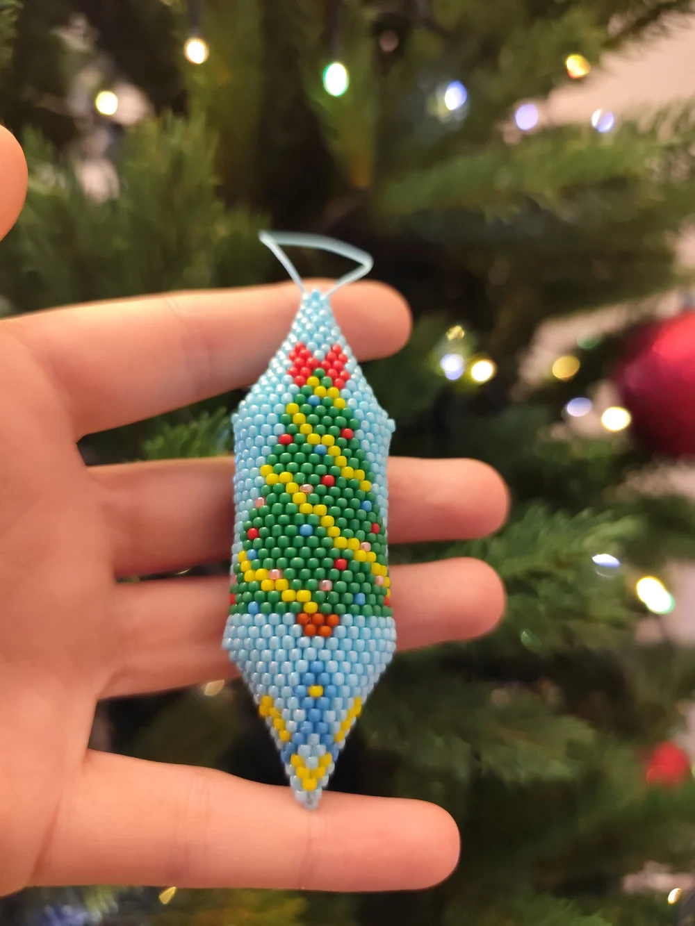 Blue Beaded Holiday Tree Ornament with Green Christmas Tree Design